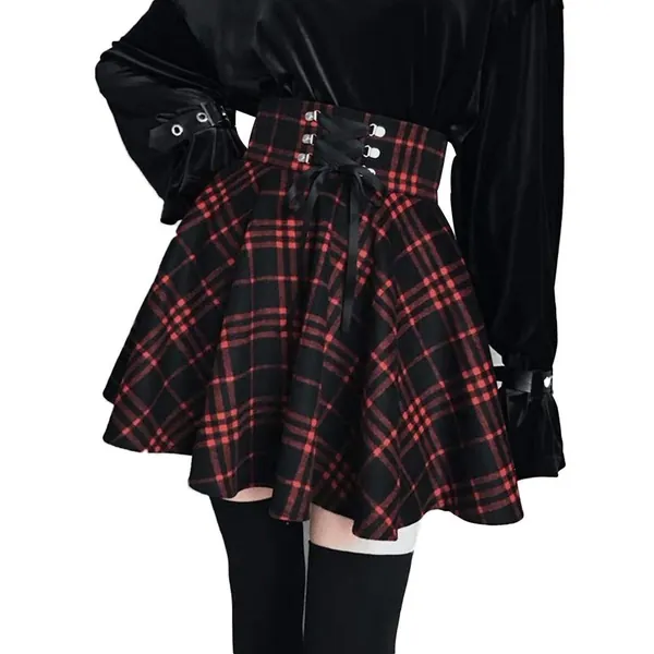 Lunoakvo Women's High Waisted Short A-line Flare Gothic Mini Black Red Plaid Pleated Skirt Dress