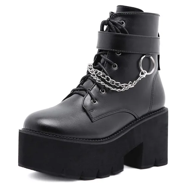 SaraIris Women's Gothic Platform Boots Fashion Block Heel Combat Boots Punk Style Lace up Chunky Heel Mid Calf Boots Motorcycle Boots