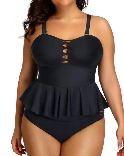 Yonique Plus Size Swimsuits for Women Tummy Control Two Piece Bathing Suits Peplum Tankini Tops High Waisted Swimwear