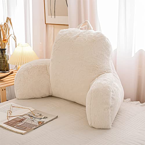 A Nice Night Faux Fur Reading Pillow Bed Wedge Large Adult Children Backrest with Arms Back Support for Sitting Up in Bed/Couch for Bedrest,Ivory