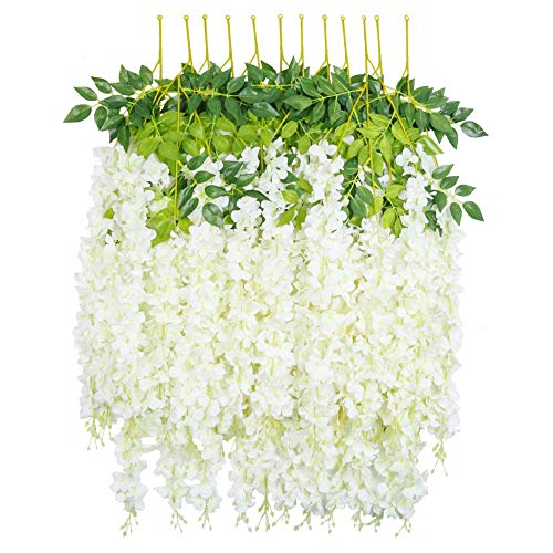 Combor 12pcs Artificial Fake Wisteria Vine Garland-GreenDec 3.6Ft/Piece Silk Wisteria Vine Ratta Hanging Flower for Home Garden Wedding Decor (White) (White)