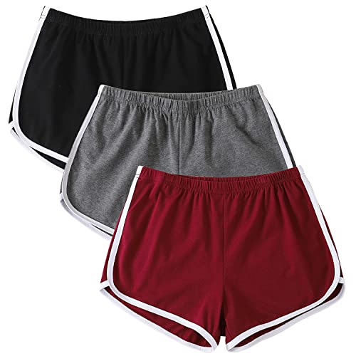 Tanseefly 3 Pack Cotton Yoga Short Pants Summer Running Athletic Shorts Women Dance Gym Workout Elastic Waist Shorts - BGR - Large