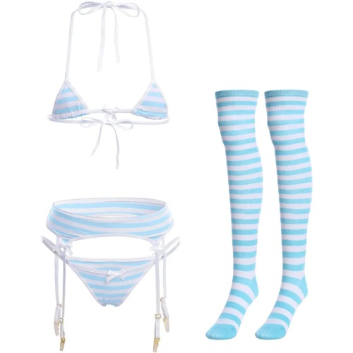 Striped Anime Micro Bikini Sets - Blue Micro w/ Garter
