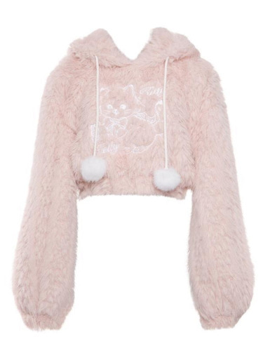 Cropped Hoodie with Adorable Fuzzy Kitten Design - XL