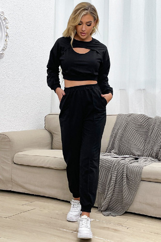 Cut Out Crop Top and Joggers Set - Black / XL