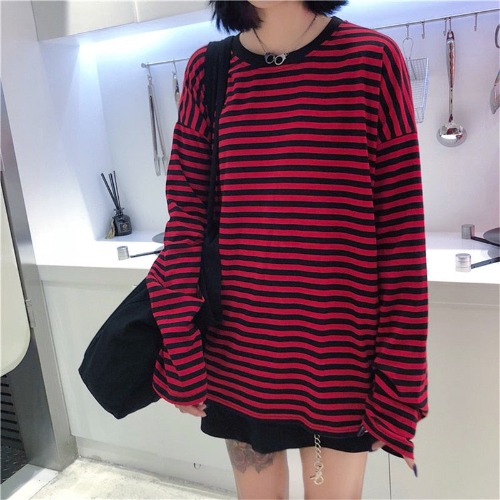 'Defense' Grunge Casual Stripe Top - black red / One Size