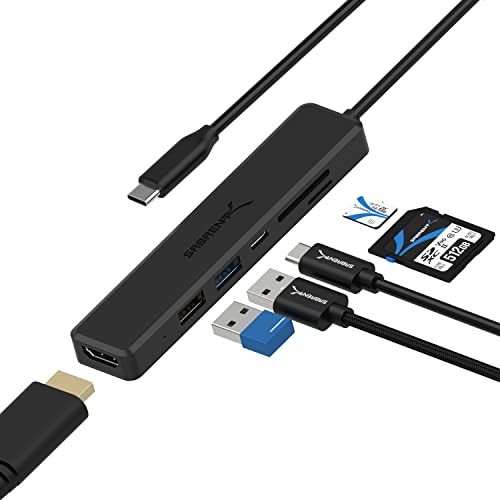 SABRENT USB C adapter, USB-C hub 3.2, multiple usb port Splitter, fast data multiport docking station with 4K HDMI | 1 USB 3.2 HUB | 2 USB hub 2.0 | USB-C PD 60W | SD Micro SD card reader (HB-TC6C) - USB-C 6-in-1