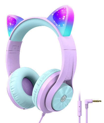iClever Kids Headphones for Girls Gift Over Ear Headphones with Mic/Shareport, Wired Cat Ear Children Headphones, 94dB Volume Limited Foldable Headset for Kids Online Class Learning, Travel, Purple - Purple