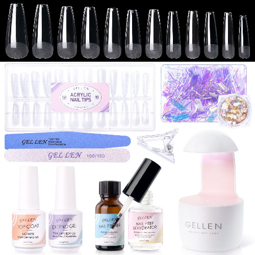 Gellen Nail Tips and Glue Gel Kit, Acrylic Nail Kit- 240Pcs Coffin Nail, UV LED Nail Lamp, Extension DIY Nail Tools, Nail Art Decorations Set, All-In-One Gel Nail Extension Kit