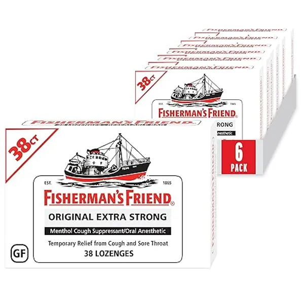 Fisherman's Friend Cough Drops, Cough Suppressant and Sore Throat Lozenges, Original Extra Strong, 10mg Menthol, 228 Drops (6 Packs of 38) - Original Extra Strong