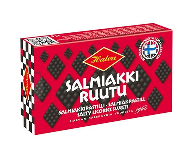 4 Boxes x 34g of Halva Salmiakki Ruutu - Original - Finnish - Salty Licorice - Salmiak - Wine Gums - Pastilles - Lozenges - Drops - Finland