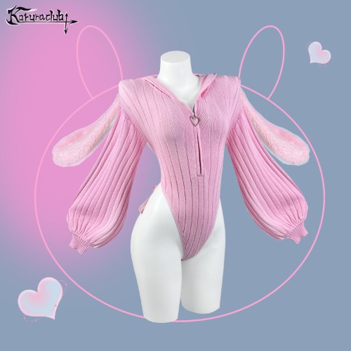 Chic Grey Bunny Ear Hoodie Bodysuit for sale | Free size / Pink