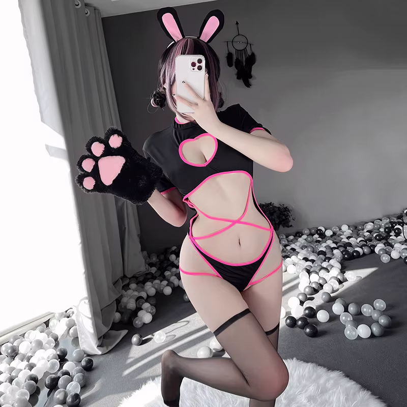 Bunny Cosplay Costumes Women Sexy Lingerie Bodysuit Heart-Shaped Hollow Out Black Pink Tempatation Skinny Body Suit - AliExpress 200000532