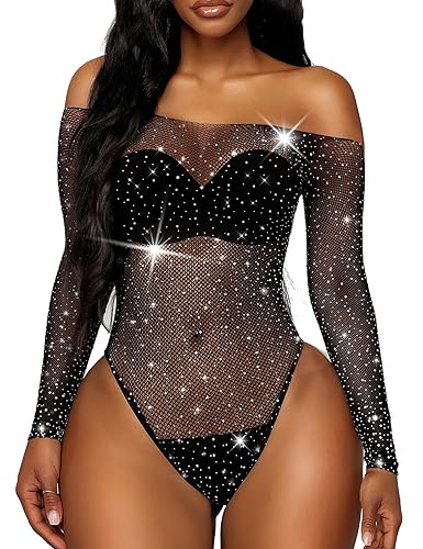 RSLOVE Women Lingerie Fishnet Bodysuit Sparkle Rhinestone Sexy Mesh Teddy Lingerie - One Size - Black