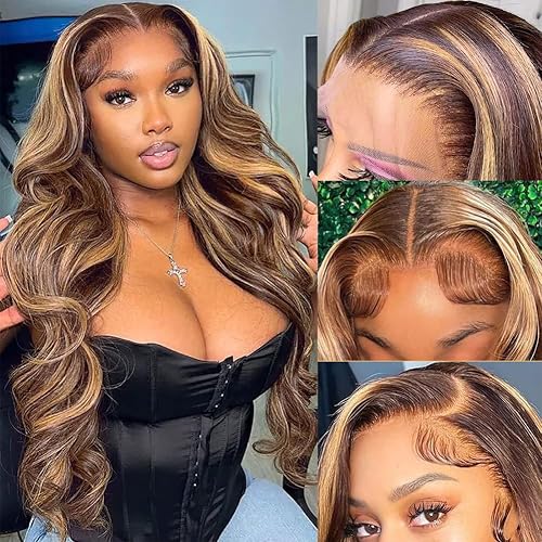 Pizazz Honey Blonde Lace Front Wigs Human Hair Pre Plucked with Natural Hairline 13x4 Glueless Wigs Human Hair 180 Density 4/27 Highlight Body Wave Lace Frontal Wigs 28 Inch - 28 Inch - Highlight Color