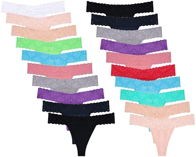 Sunm Boutique 20 Pack Womens Lace Thongs Underwear Seamless T Back Low Waist See Through Panties - Large - Pack of 20