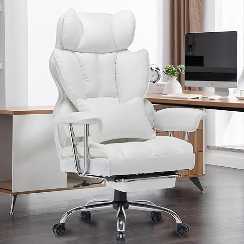 Efomao Desk Office Chair 400LBS, Big High Back PU Leather Computer Chair, Executive Office Chair with Leg Rest and Lumbar Support, White Office Chair - White
