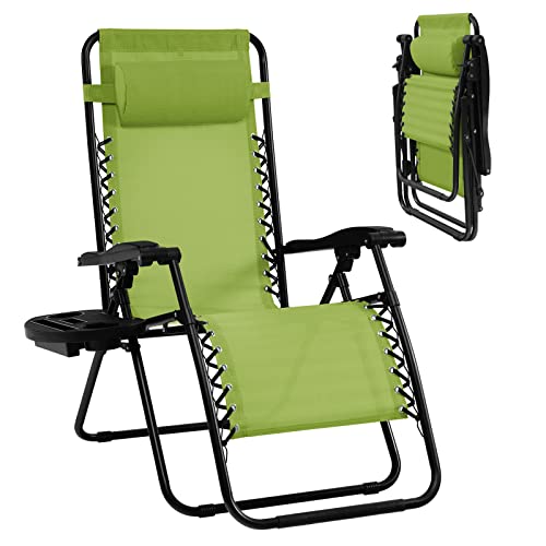 Goplus Zero Gravity Chair, Adjustable Folding Reclining Lounge Chair with Pillow and Cup Holder, Patio Lawn Recliner for Outdoor Pool Camp Yard (Green) - Green