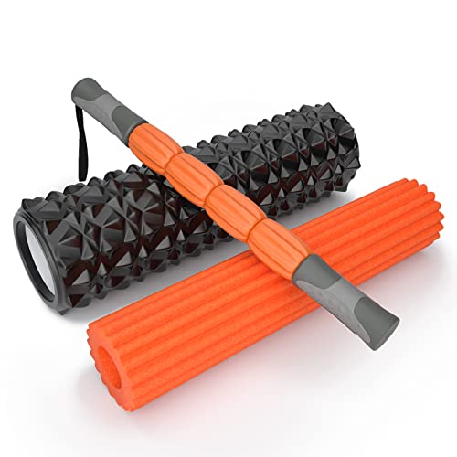 YINHANG Trigger Point Foam Roller Set with Massage Stick for Legs Back Pain, 18 Inch 3 in 1 Deep Tissue Muscle Massager for Physical Therapy & Exercise, Stretching, Myofascial Release, Yoga, Pilates
