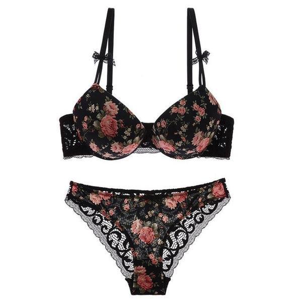 Floral Lace Lingerie Set - Black / 38C