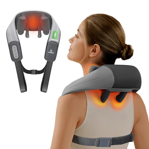 CuPiLo Shiatsu Neck and Shoulder Massager with Heat - 4D Deep Tissue Kneading Massage Pillow, Electric Rechargeable Massage for Neck, Shoulder and Back Pain Relief, Gifts for Men Women,Home Office