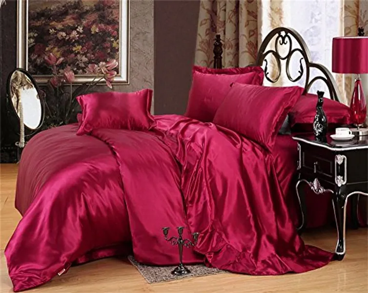 Kanak Bedding 100% Pure Silky Satin 4-Piece Bed Fitted with Duvet Set- Comforter Cover, Two Pillowcases Queen, Burgundy