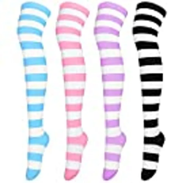 Aneco 4 Pairs Womens Long Striped Socks Over Knee Thigh High Socks Stocking