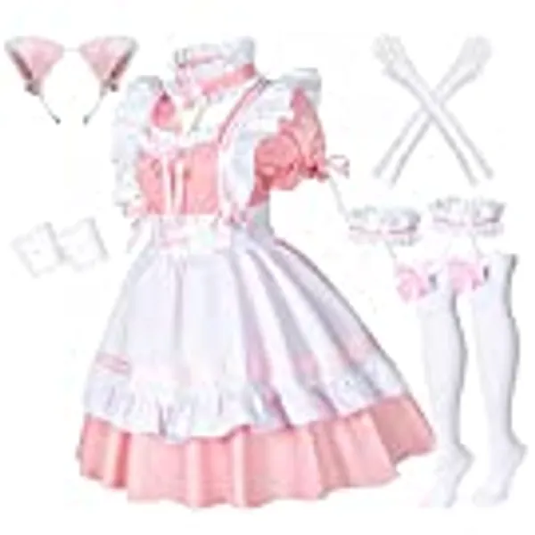 Wannsee Anime French Maid Apron Lolita Fancy Dress Cosplay Costume Furry Cat Ear Gloves Socks Set(Black/Pink)
