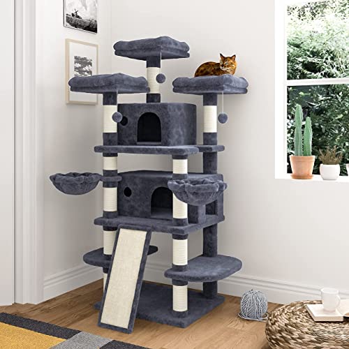 IMUsee 68 Inches Multi-Level Large Cat Tree Tower with Cat Condo/Cozy Plush Cat Perches/Sisal Scratching Posts and Hammocks/Cat Activity Center Play House/Smoky Grey - Smoky Grey