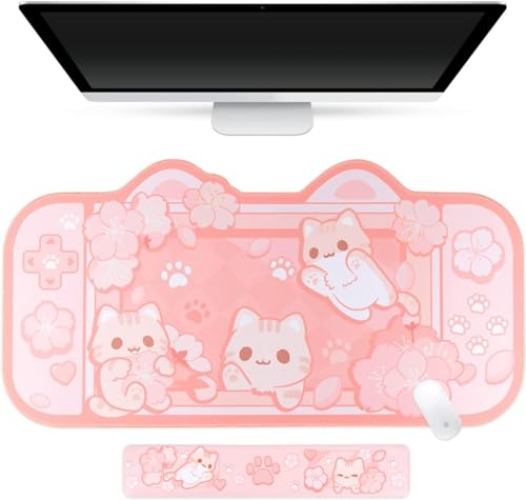 BelugaDesign Sakura Cat Desk Pad | NS Switch Keyboard Laptop Gaming Setup Accessories Mat Large Mat Mousepad | Pastel Pink Bunny Kawaii Cute Anime Desk Mat Blotter Protector with Gel Wrist Support - Pink