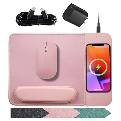 VIVIYA 15W Wireless Charging Mouse Pad with Detachable Wrist Support and 20W Power Adapter, Fast QI Wireless Phone Charger Mouse Mat for iPhone 14/13/12/11/X/8 and Samsung Multiple Devices (Pink) - With PD - Pink