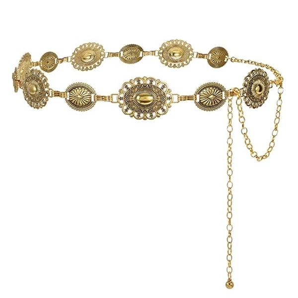JASGOOD Western Metal Concho Chain Belt for Women Cowgirl Boho Waist Chain Country Concert Outfit for Dress