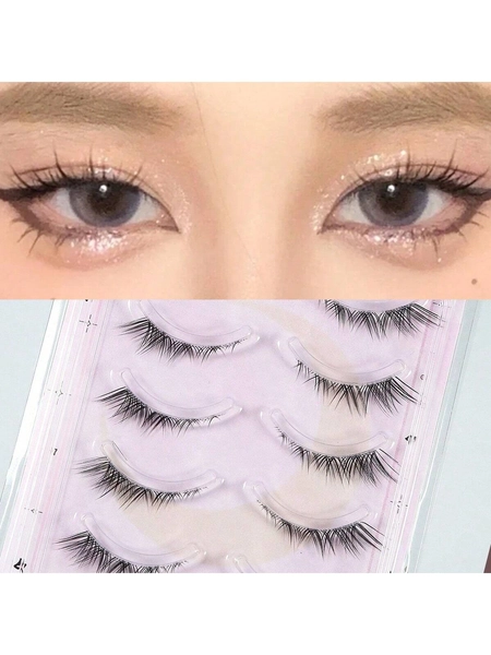 5pairs Flying Fox Style Fake Eyelashes With Transparent Stems, Natural Looking Thick Full Strip Lashes For Foxy Eye Makeup