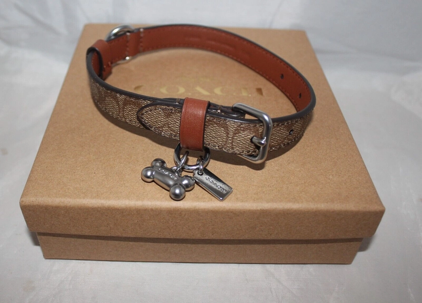 Coach Signature Small Pet Dog Collar w/ Bone & Coach Charm Khaki & Saddle CH144