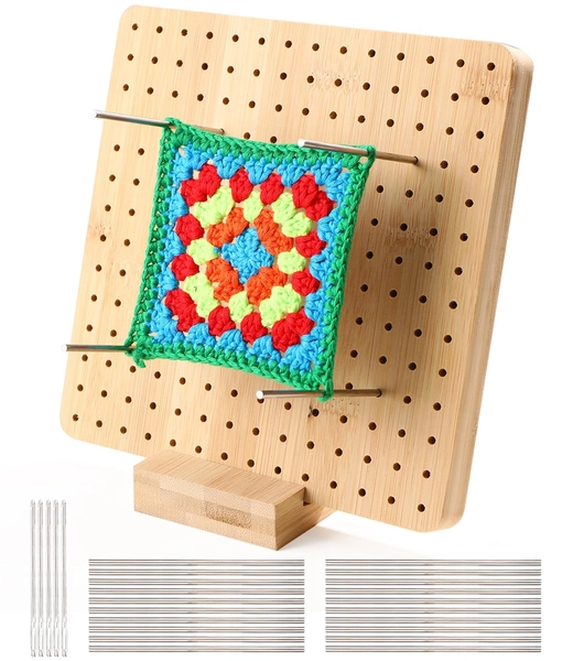 Huifoo Blokbord voor Granny Square, handgemaakt houten blokbord haken, blokkeerbord voor Granny Squares met 20 roestvrij staal, staafpennen en 5 naalden, 1 standaard voor brei- en haakprojecten (20