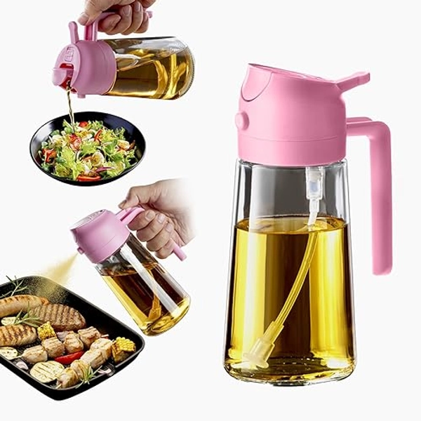 TrendPlain 470ml Olive Oil Spray Bottle for Kitchen Gadgets - 2 in 1 Olive Oil Dispenser Bottle and Air Fryer Accessories for Cooking, Salad and BBQ - Bubblegum