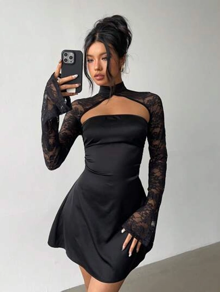 Aloruh Women's Sexy And Elegant Lace Patchwork Hollow-Out Bodycon Party Date Night Mini Dress Women Sation Dress Women Spring Dress Women Black Dress Women Birthday Dress
