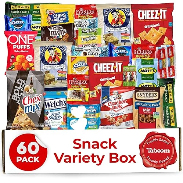Variety Snack Box for Adults - 60 Count Care Package for Kids, College Students, and Office - Assorted Chips and Treats in a Beautiful Gift Box