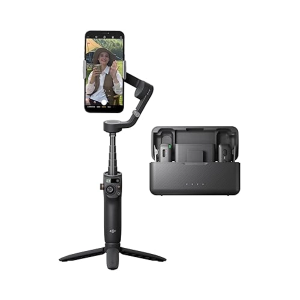 DJI Osmo Mobile 6 Premium Vlogging Combo, Intelligent Phone Gimbal, Object Tracking, Built-in Extension Rod, Android and iPhone Stabilizer, Slate Gray, with a DJI Mic (2 TX + 1 RX + Charging Case)