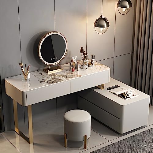 HIMAmonkey Luxury Makeup Vanity with Mirror and Light, Dressing Table with 4 Solid Wood Drawers, Vanity Set with Free Retractable Long Side Cabinet, Dresser Table with Stool-47.2in Golden - Golden Long Cabinet-47.2in - Modern