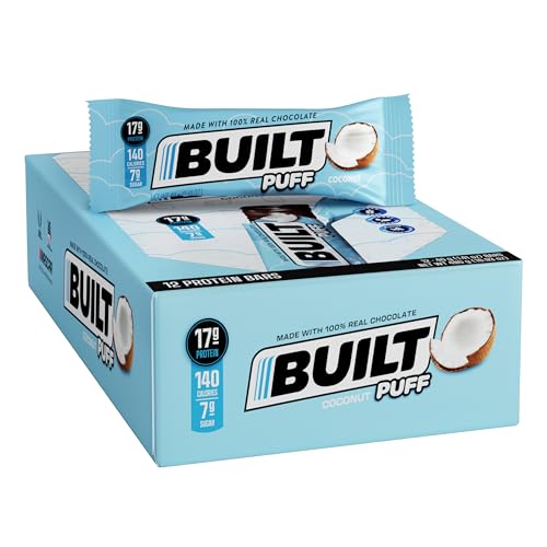 Built Protein Bars, Coconut Marshmallow Puff, 12 count, Protein Snacks with 17g of Protein, Collagen, Gluten Free, Chocolate Protein Bar, 140 calories & 6g sugar, Perfect On The Go Protein Snack - Coconut - 12 Count (Pack of 1)
