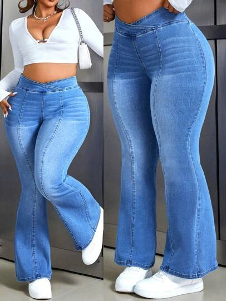 SHEIN CURVE+ Plus Size Simple Solid Color Fitted Flare Leg Jeans, Suitable For Everyday Wear,Curve Plus ,Hoho Vacation