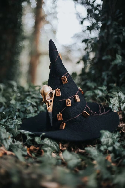 Witch hat with Raven Skull and Runes