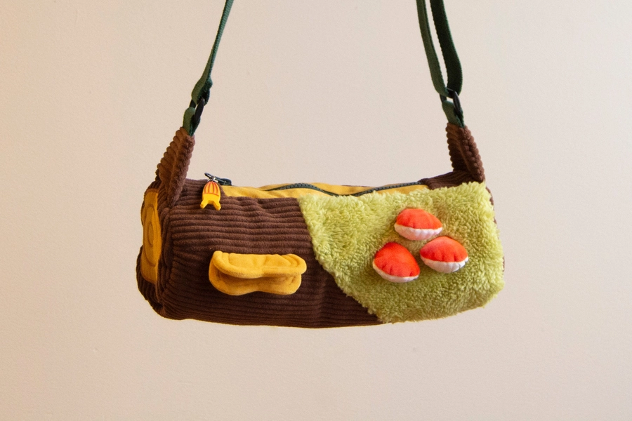 Log Bag Crossbody with Mushrooms, Moss, and Slug Zipper Pull. Corduroy and Sherpa fabric.