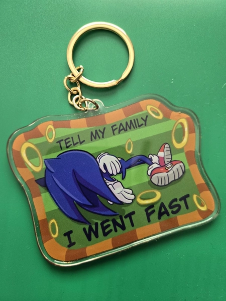 Sonic the Hedgehog "Tell my Family, I went Fast" Death Pose 3.5 inch wide Double Sided Epoxy Acrylic Keychain Charm