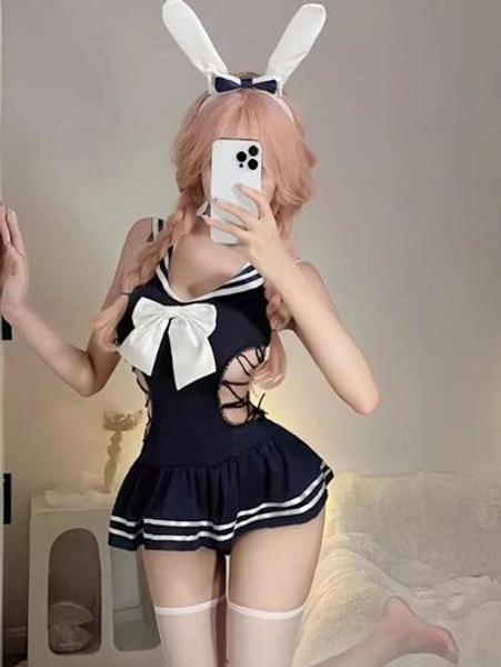 1 Peça Fantasia de Coelhinha, Design Vazado nos Lados, Estilo Fofo de Estudante, Lingerie para Role Play, Adequado para Festa, Performance, Quarto, Dia dos Namorados, Natal, Uso Diário e Feriados