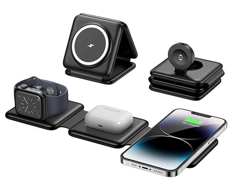 Magnetic Wireless Charger for iPhone: Fodable 3 in 1 Charging Station for Multiple Apple Devices - Travel Charging Pad Dock for Apple Watch iPhone 16 15 14 13 12 Pro Max Plus & Airpod