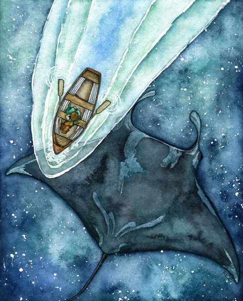 Manta Ray Art, Manta Ray Painting, Manta Ray, Watercolor Painting, Starry Sky, Sea, Night Sky, Ocean Art, Print titled, "Astral Waters"