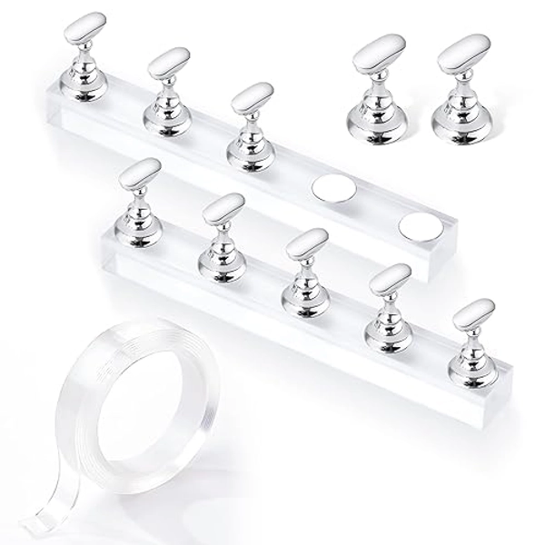 Makartt Press On Nail Stand: Silver Nail Stand for Nails Art Display Practice Nail Holder for Painting Nails Stand for False Nail Press On Designs Magnetic Fake Nail Holder with 1M Double-Sided Tape