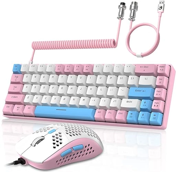 YINDIAO T8 60% RGB Gaming Tastatur und Maus Set + Gewendeltes USB-C Kabel,Kabelgebundene Mechanische Tastatur,68 Tasten TKL Compact Layout,Maus mit Wabenstruktur,Bis zu 6400DPI,für PC MAC PS5 -Rosa